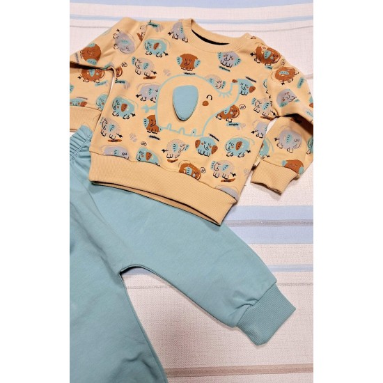 Бебешки памучен комплект в синьо и бежово Слончета Бебешки памучен комплект в синьо и бежово Слончета