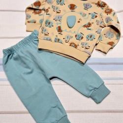 Бебешки памучен комплект в синьо и бежово Слончета Бебешки памучен комплект в синьо и бежово Слончета
