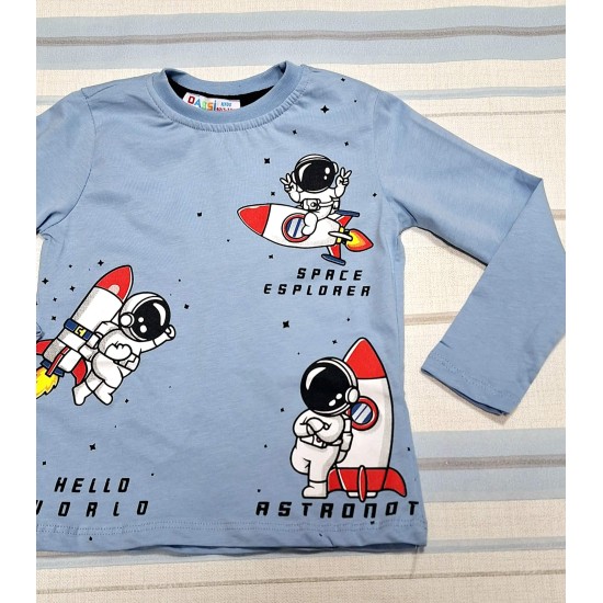 Детска блуза в светло синьо  Космонавти и ракети