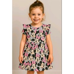 Детска лятна памучна рокля с Мини Маус с цикламени панделки