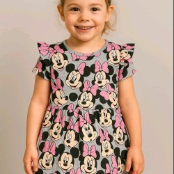 Детска лятна памучна рокля с Мини Маус с цикламени панделки