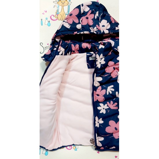 Ватиран преходен шушляков елек с качулка в тъмносиньо на цветя