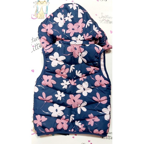 Ватиран преходен шушляков елек с качулка в тъмносиньо на цветя