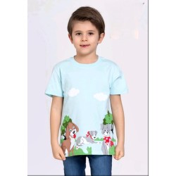 Детска лятна памучна тениска в светло синьо с кученца