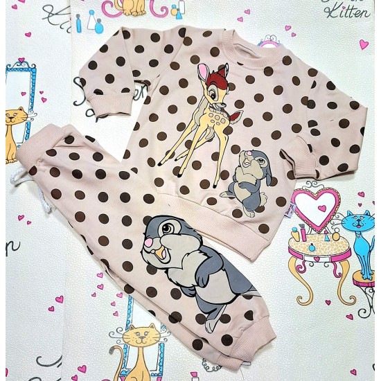 Детски комплект в бежово на кафяви точки с Бамби Детски комплект в бежово на кафяви точки с Бамби