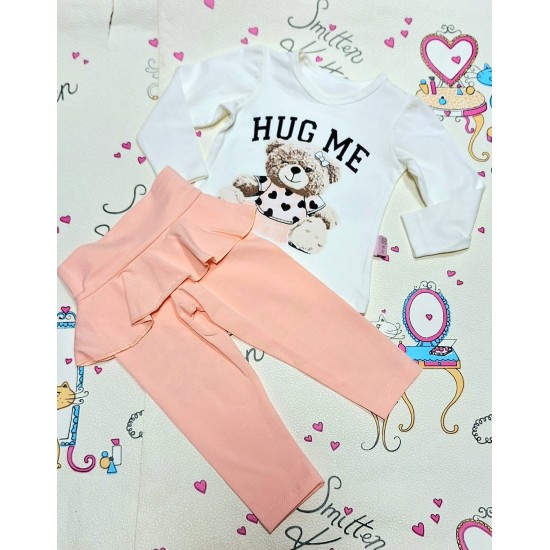 Детски комплект в бяло и праскова с клин с къдрички  Меченце