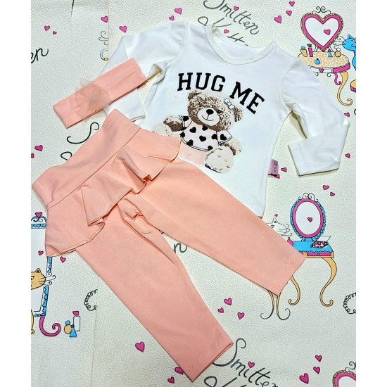 Детски комплект в бяло и праскова с клин с къдрички  Меченце