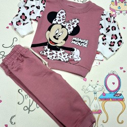Бебешки комплект от 2 части в цвят пудра с леопардова шарка  Мини Маус Бебешки комплект от 2 части в цвят пудра с леопардова шарка  Мини Маус