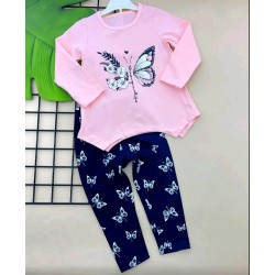 Детски комплект с блуза в розово и клин с пеперуди