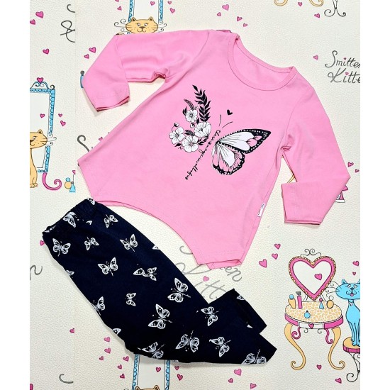 Детски комплект с блуза в розово и клин с пеперуди
