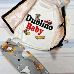 Бебешки комплект от 3 части с жълт шушляков елек с качулка с мечета