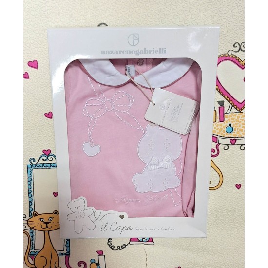 Луксозен италиански бебешки гащеризон в розово и бяло с коте в кутия