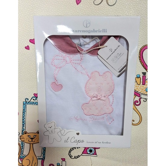 Луксозен италиански бебешки гащеризон в бяло и бордо с коте 