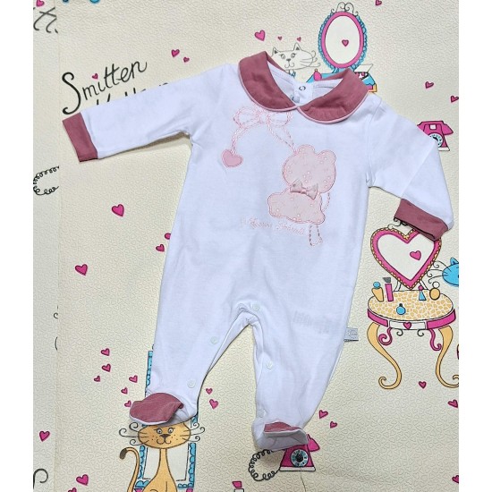 Луксозен италиански бебешки гащеризон в бяло и бордо с коте 