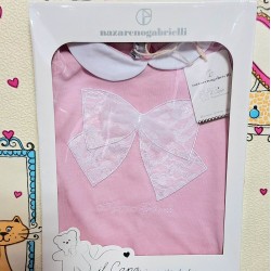 Луксозен италиански бебешки летен гащеризон в розово с дантелена панделка