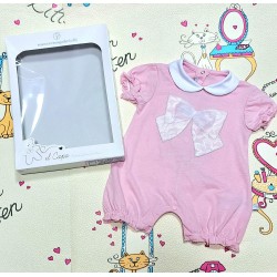 Луксозен италиански бебешки летен гащеризон в розово с дантелена панделка