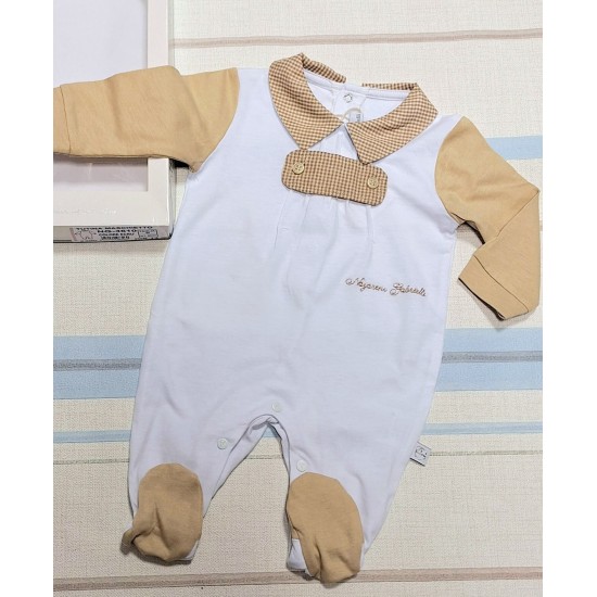 Луксозен италиански бебешки гащеризон в бяло и бежово каре в кутия