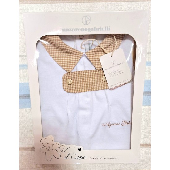 Луксозен италиански бебешки гащеризон в бяло и бежово каре в кутия