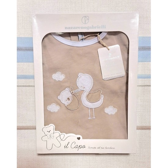 Луксозен италиански бебешки гащеризон в бежово с щъркелче в кутия