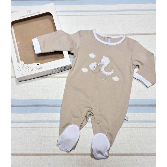 Луксозен италиански бебешки гащеризон в бежово с щъркелче в кутия