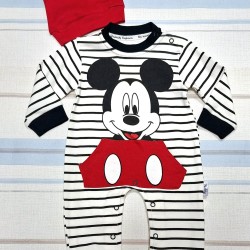 Бебешки гащеризон в бяло и черно райе с Мики Маус и шапка Бебешки гащеризон в бяло и черно райе с Мики Маус и шапка