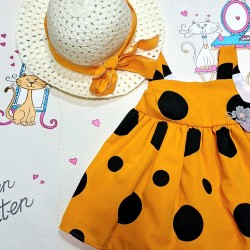 Детска лятна рокля в оранжево на черни точки с шапка