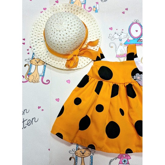 Детска лятна рокля в оранжево на черни точки с шапка