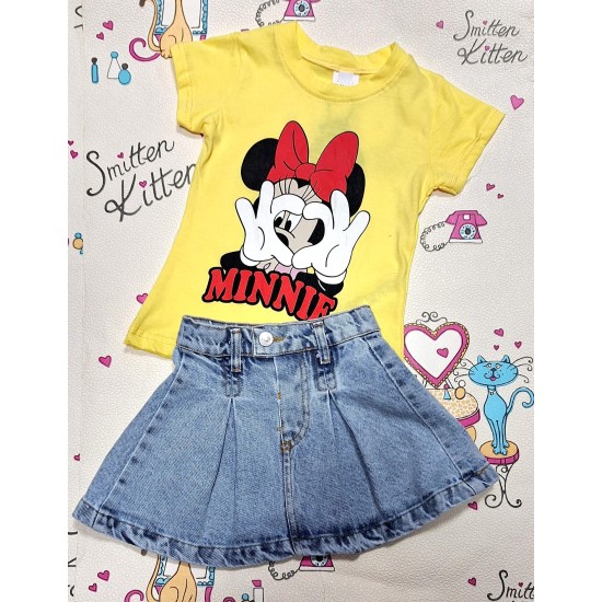 Детски летен комплект с дънкова пола и тениска с Мини Маус
