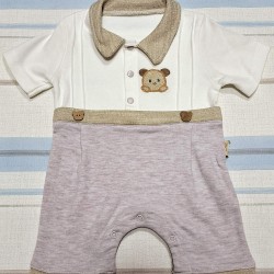 Бебешки летен гащеризон в бяло и бежово Меченце Бебешки летен гащеризон в бяло и бежово Меченце