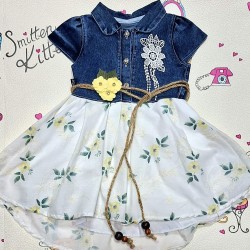 Детска лятна дънкова рокля с жълти цветя и коланче