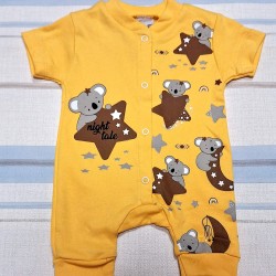 Бебешки летен гащеризон в жълто с панди и звездички Бебешки летен гащеризон в жълто с панди и звездички