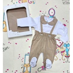Луксозен италиански бебешки гащеризон в бяло и бежово кафяво в кутия Луксозен италиански бебешки гащеризон в бяло и бежово кафяво в кутия