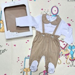 Луксозен италиански бебешки гащеризон в бяло и бежово кафяво в кутия Луксозен италиански бебешки гащеризон в бяло и бежово кафяво в кутия