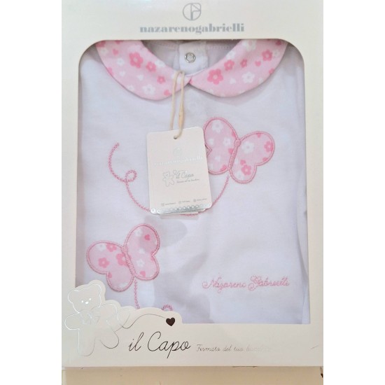 Луксозен италиански бебешки гащеризон в бяло с розови пеперуди в кутия