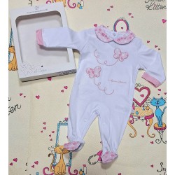 Луксозен италиански бебешки гащеризон в бяло с розови пеперуди в кутия Луксозен италиански бебешки гащеризон в бяло с розови пеперуди в кутия