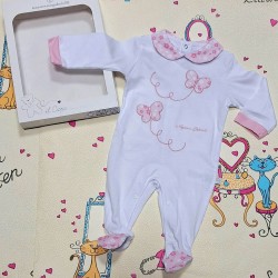 Луксозен италиански бебешки гащеризон в бяло с розови пеперуди в кутия