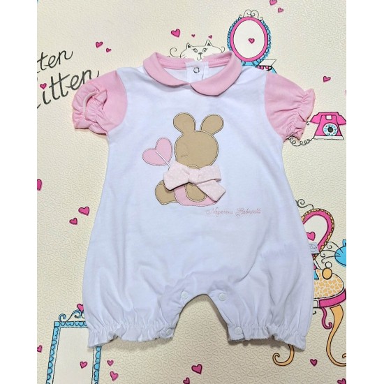 Луксозен италиански бебешки летен гащеризон в бяло и розово в кутия Луксозен италиански бебешки летен гащеризон в бяло и розово в кутия