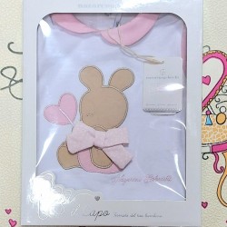 Луксозен италиански бебешки летен гащеризон в бяло и розово в кутия