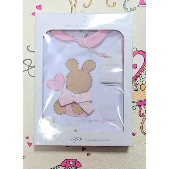 Луксозен италиански бебешки летен гащеризон в бяло и розово в кутия Луксозен италиански бебешки летен гащеризон в бяло и розово в кутия