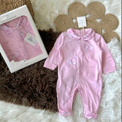 Луксозен италиански бебешки гащеризон в розово с пеперуди в кутия Луксозен италиански бебешки гащеризон в розово с пеперуди в кутия