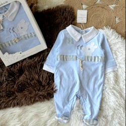 Луксозен италиански бебешки гащеризон в синьо със зайче в кутия Луксозен италиански бебешки гащеризон в синьо със зайче в кутия