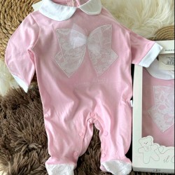 Луксозен италиански бебешки гащеризон  в розово с бяла дантелена панделка в кутия