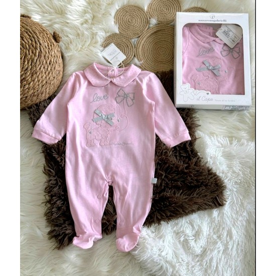 Луксозен италиански бебешки гащеризон в розово с кученце в кутия