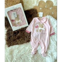 Луксозен италиански бебешки гащеризон в розово с якичка и зайче