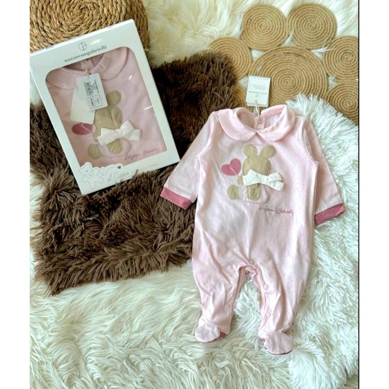 Луксозен италиански бебешки гащеризон в розово с якичка и зайче