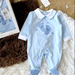 Луксозен италиански бебешки гащеризон в синьо със стъпчици в кутия Луксозен италиански бебешки гащеризон в синьо със стъпчици в кутия