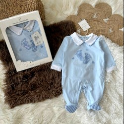 Луксозен италиански бебешки гащеризон в синьо със стъпчици в кутия
