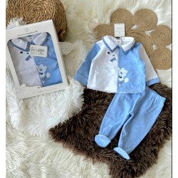 Луксозен италиански бебешки комплект в синьо и бяло в кутия