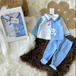 Луксозен италиански бебешки комплект в синьо и бяло в кутия Луксозен италиански бебешки комплект в синьо и бяло в кутия