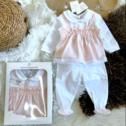 Луксозен италиански бебешки комплект в бяло и праскова в кутия